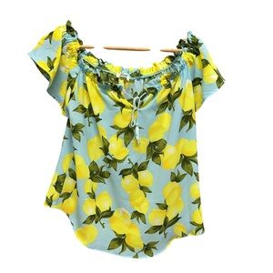 Rosette Lemon Print Off the Shoulder Milkmaid  Blouse Blue Yellow Size M